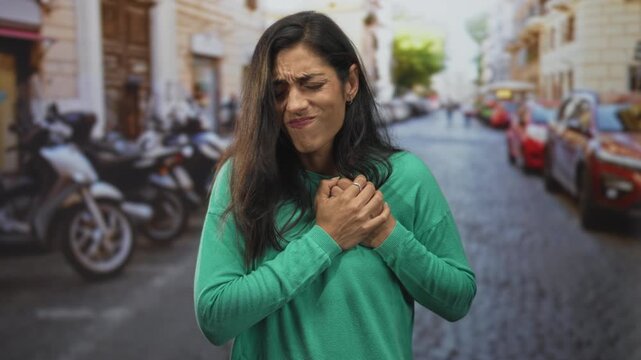 Woman clutching chest with hands, furrowed brow and rings visible in green sweater on cobblestone urban street with parked scooters and cars; pain emergency.