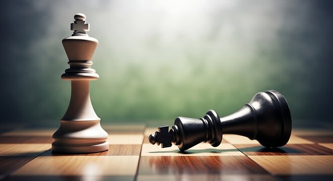 A white chess king stands upright while a defeated black king lies fallen on a wooden chessboard with a dramatic green and gray background, symbolizing victory and strategy in a game of chess.