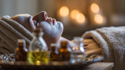 Obraz premium Woman relaxes in spa setting, face mask applied, surrounded by candles & aromatherapy oils. Soft lighting & cozy atmosphere