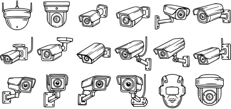 Security and Surveillance Camera Systems Line Art Icon Set. Hand-drawn outline collection of CCTV, dome, bullet, and face recognition devices for monitoring and protection.