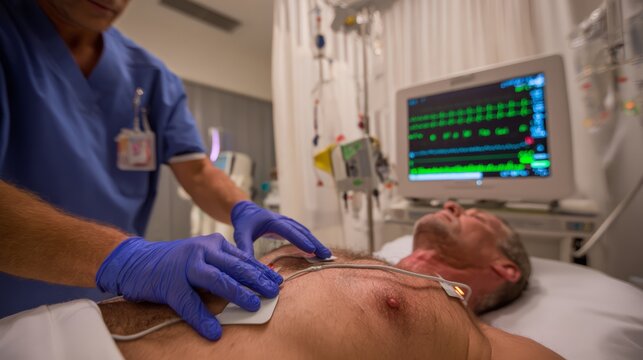 An emergency medical responder attaching defibrillator pads onto patient chest during cardiac resuscitation.