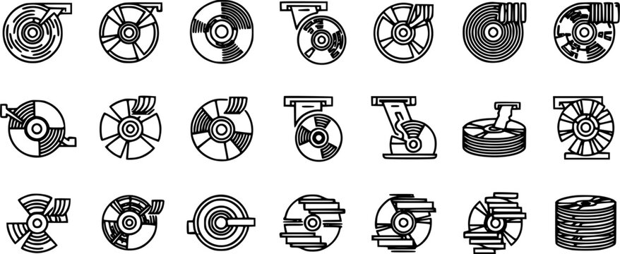 Black and White Line Art Icons of Various Disk Drives and Storage Media