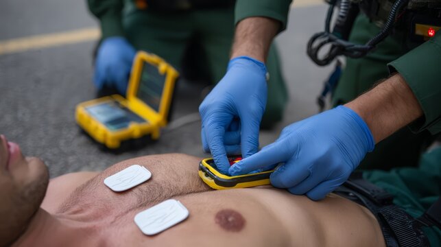 An emergency medical responder attaching defibrillator pads onto patient chest during cardiac resuscitation.