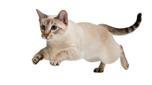 Isolated energetic young light-colored cat with blue eyes playfully running and pouncing