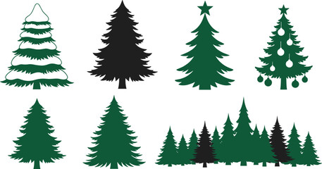 Fototapeta premium Christmas tree silhouette collection with decorated and natural pine shapes holiday evergreen forest vector illustration set