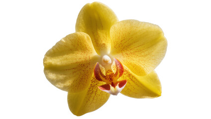 Isolated elegant yellow orchid flower with unique red speckled petals and a vibrant detailed center © Johanna