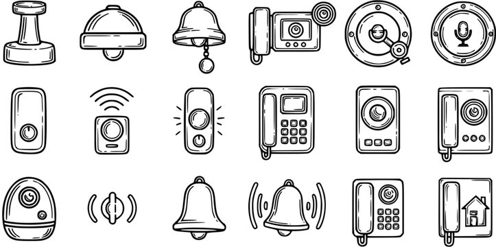 Black and White Line Art Home Security  Communication Technology Icons Set: Doorbells, Intercoms, Telephones, and Smart Home Devices
