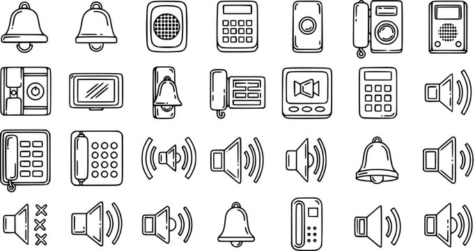 Technology and Communication Outline Icons Set: Featuring Bells, Phones, Speakers, Keypads, and Sound Controls in Black White Line Art Style