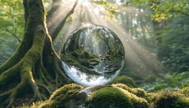 Conceptual image of a transparent glass sphere with a miniature ecosystem inside resting on vibrant green moss in a sunlit forest. Represents environmental conservation, sustainability and harmony wit