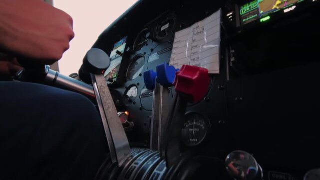 Aviation education video focusing on the power quadrant and yoke of a light twin engine airplane.