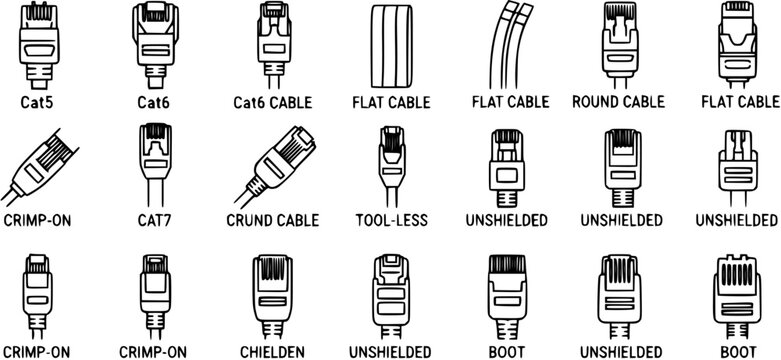 Black and White Line Art Vector Illustration of Various Ethernet Cable Connectors and Types