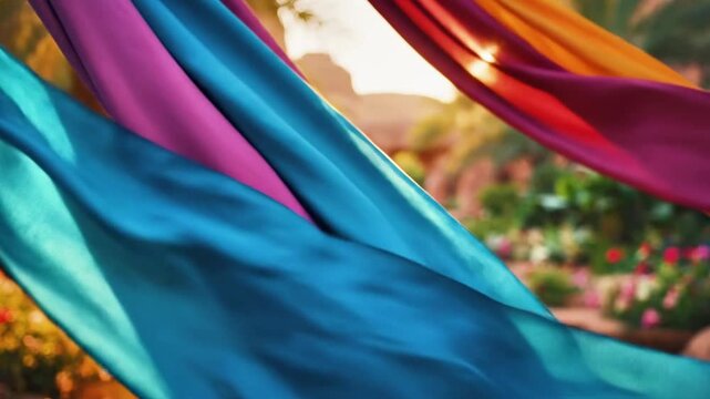A serene outdoor scene featuring vibrant fabric strips in the foreground, with a blurred background of a peaceful garden or park and a body of water