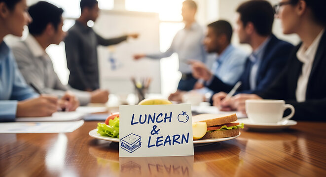 Handwritten lunch and learn note on rustic wooden office meeting table with blurred professional team collaborating in background during corporate training workshop seminar session development.