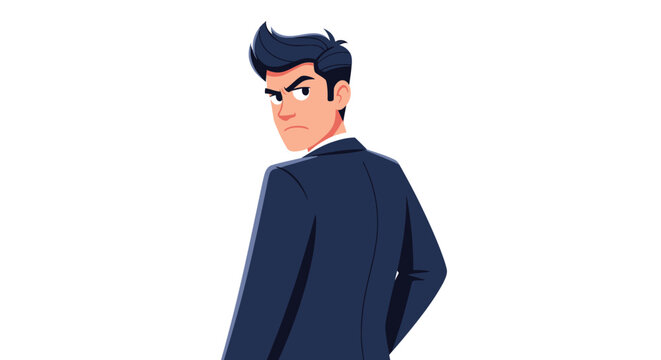 Cartoon Businessman Looking Back Over Shoulder Vector Illustration with Serious Expression Wearing Navy Blue Suit on White Background