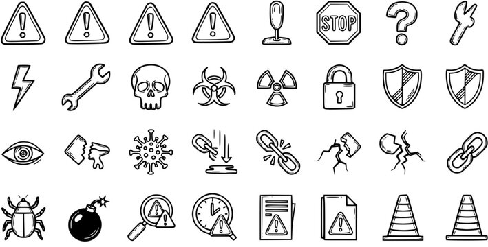 Black and White Line Art Icons for Danger and Warning: Stop Sign, Skull, Bug, Bomb, Radiation, Lock, Shield, Eye, Virus, Link