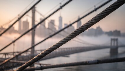Fototapeta premium Blurred Cityscape With Steel Strands, Steel Bridge Cables Sharply In Focus With Misty Skyline Behind, Detailed Closeup Of Steel Bridge Cables With Hazy Cityscape And Gentle Bokeh Effect