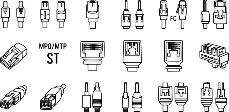 Technology Networking Cable Connectors Line Art Icons Set. Fiber Optic (MPO, MTP, ST, FC) and Ethernet Plugs, Jacks, and Adapters for Telecommunications and Data Communication.