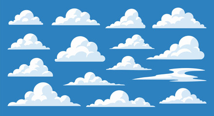 Set of 12 Cartoon Clouds Vector Illustrations for Weather Forecast, Sky Backgrounds, and Digital Design Elements, Isolated on Blue