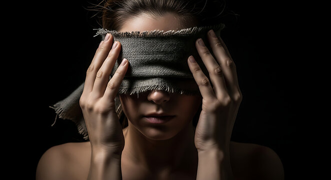 Mysterious woman blindfolded with fabric strip symbolizing deception betrayal and dishonesty concept against dark shadowy backdrop depicting hidden truth secrets and metaphorical blindness