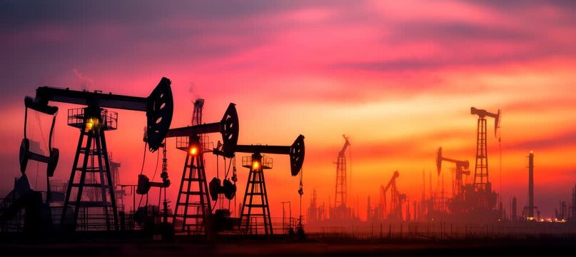 Oil pumpjack machine working with sunset sky background. Energy fuel industry. Generative video AI technology.	
