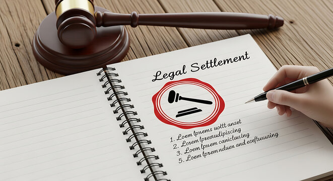 Handwritten Legal Settlement text on white spiral notebook page with rubber gavel stamp icon on rustic wooden desk in professional law office courtroom setting for justice and litigation action