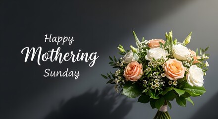 Bouquet of peach and white roses on dark background with happy mothering sunday