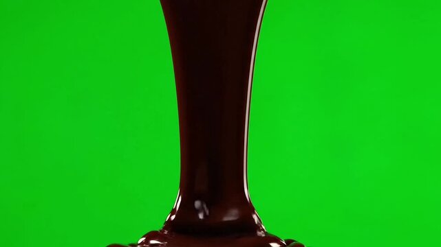 Luxurious melted dark chocolate pouring slowly in a thick, glossy stream against a vibrant green screen