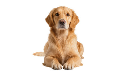 Fototapeta premium Isolated purebred golden retriever dog attentively lying down, looking forward with a friendly expression