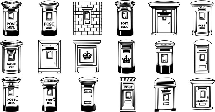 Postal Service Black  White Line Art Icons. Collection of Various British Post Boxes, Pillar Boxes, and Letterboxes. Vector Outline for Mail and Communication Design.