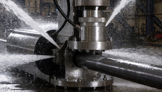 Closeup medium view of a highpressure mandrel piercing setup where robust metal billets are transformed into seamless durable tubes under intense hydraulic force.
