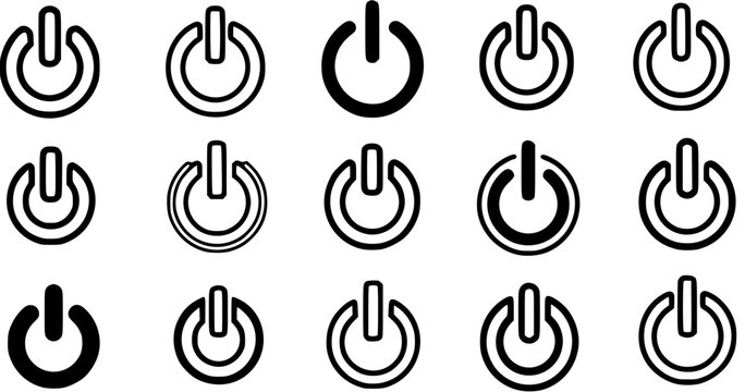 Technology Power Button Icons Set - Black  White Line Art Glyphs for Digital UIUX Interface Design