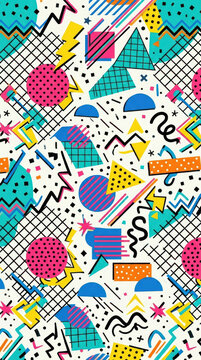 Seamless Memphis Style Pattern with Colorful Geometric Shapes and Squiggly Lines