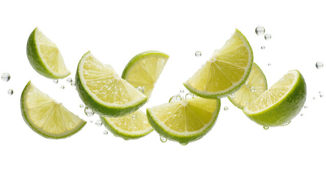 Isolated fresh lime slices with water drops falling, vibrant citrus fruit for healthy drinks.