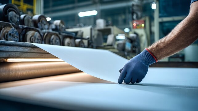 A paper manufacturing technician monitoring sheet tension and texture on automated mill roller.