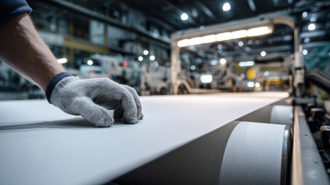 A paper manufacturing technician monitoring sheet tension and texture on automated mill roller.