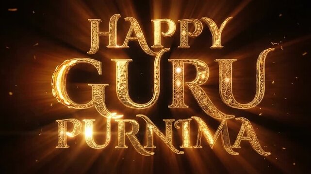 Gold text animation for Happy Guru Purnima showcasing luxurious textures and glowing light beams, ideal for premium festival broadcast television intros.