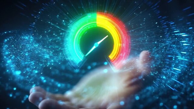Speed performance efficiency innovation technology energy power gauge dashboard progress with digital futuristic gauge dashboard glowing meter and hologram concept of future energy data progress