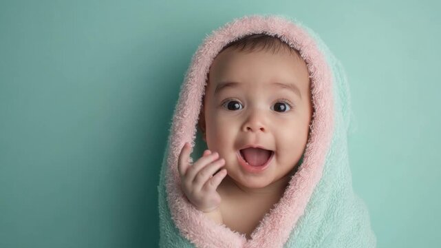 Cute baby towel blanket hood smile hand mouth face portrait childhood wrapped in soft pastel hooded towel with joyful playful expression cheerful infant face and tiny teeth