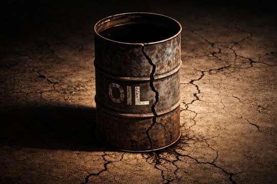 Oil barrel on cracked earth industrial scene photography dramatic environment low angle resource scarcity