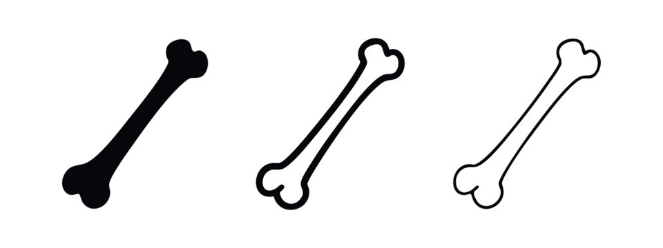 Human Bone Icons Set. Vector Illustration of Black Silhouette, Thick and Thin Outline Bones on White Background.