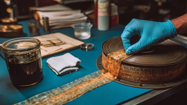 A film preservationist cleaning nitrate cinema film reel using specialized cloth and solvent before digitization.