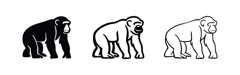 Fototapeta premium Chimpanzee icon set. Intelligent primate mammal symbol in various styles.