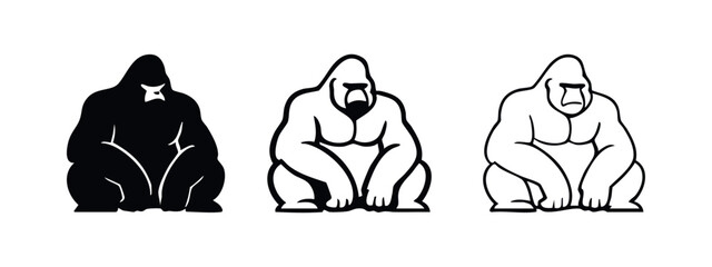 Sitting Gorilla Icon Set in Black and White Outline and Solid Styles © liubomir118809