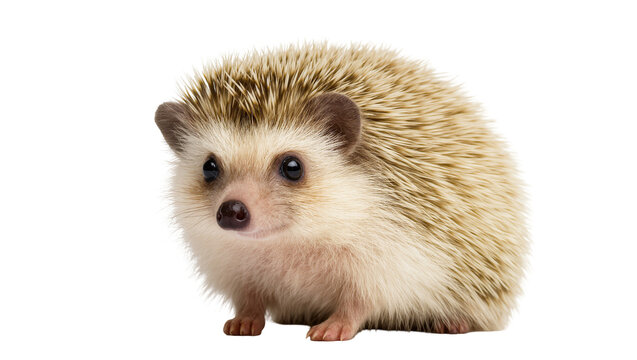 Isolated adorable domestic African pygmy hedgehog with spiky quills and dark eyes
