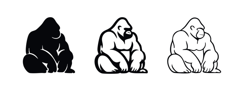 Gorilla icon set. Powerful primate mammal symbol in various styles.