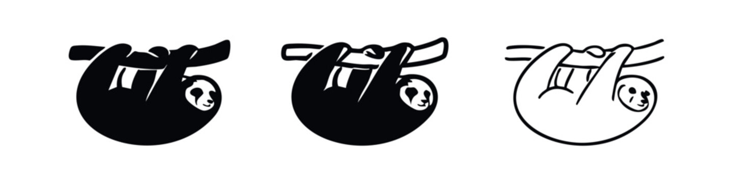 Sloth icon set. Cute slow-moving mammal hanging on a branch in various styles.