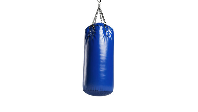 Isolated blue leather punching bag hanging from a chain for boxing and fitness training