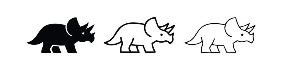 Cute Triceratops dinosaur icon set, solid and outline versions with small eyes © liubomir118809