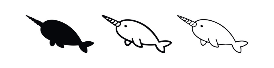 Narwhal marine animal icon set, solid and outline versions for children's design © liubomir118809