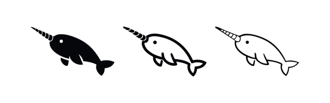 Cute Narwhal whale icon set with unicorn-like horn